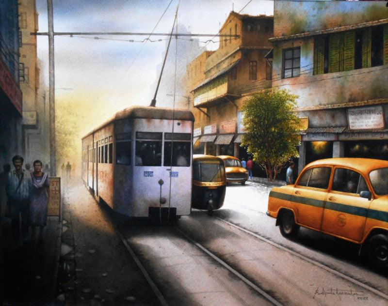 Transportation watercolor painting titled 'Cityscape', 22x27 inches, by artist Sudipta Karmakar on Paper