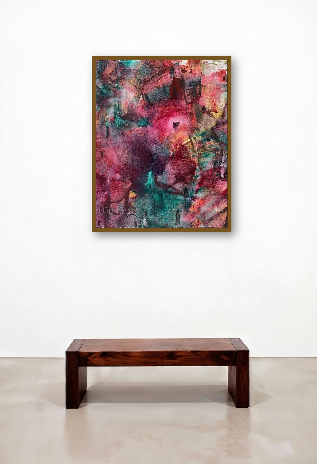Cityscape (The Crimson City) by artist Amit Pithadia displayed in a Contemporary Living Room