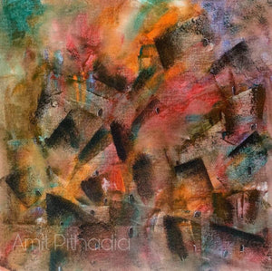 Abstract acrylic painting titled 'Cityscape', 18x18 inches, by artist Amit Pithadia on Canvas
