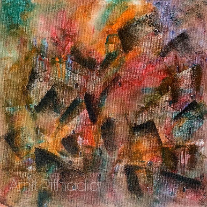 Abstract acrylic painting titled 'Cityscape', 18x18 inches, by artist Amit Pithadia on Canvas