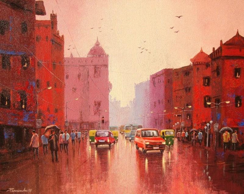 Cityscape acrylic painting titled 'Cityscape II', 30x24 inches, by artist Purnendu Mandal on Canvas