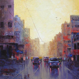 Cityscape acrylic painting titled 'Cityscape III', 18x18 inches, by artist Purnendu Mandal on Canvas
