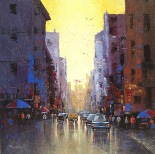 Cityscape acrylic painting titled 'Cityscape IV', 24x24 inches, by artist Purnendu Mandal on Canvas