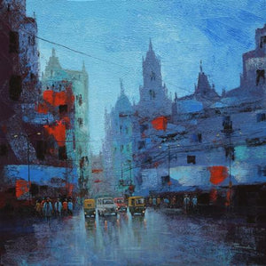 Cityscape acrylic painting titled 'Cityscape VI', 24x24 inches, by artist Purnendu Mandal on Canvas