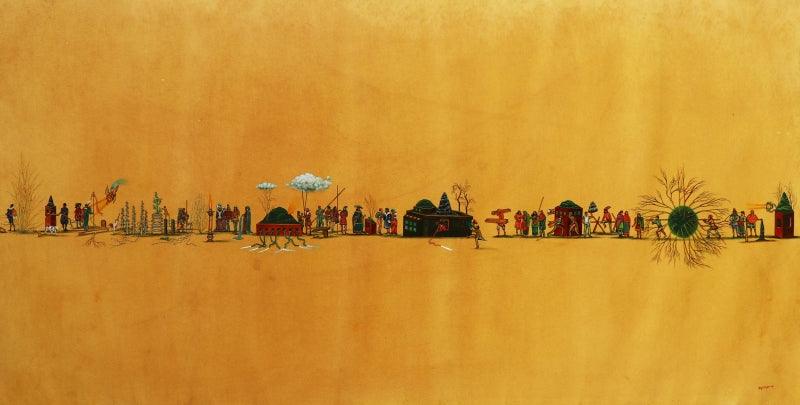 Cityscape watercolor painting titled 'Clinging To The Trees Of A Forest Earth', 24x48 inches, by artist Digbijayee Khatua on Paper