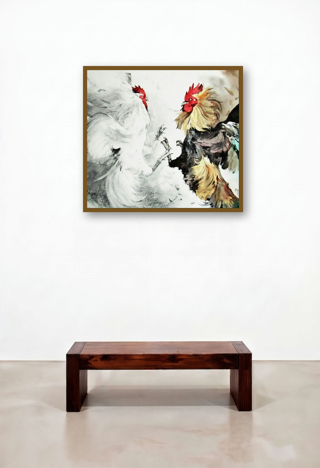Cock Fight (Cockfight) by artist Farukh Nadaf displayed in a Japandi Family Room