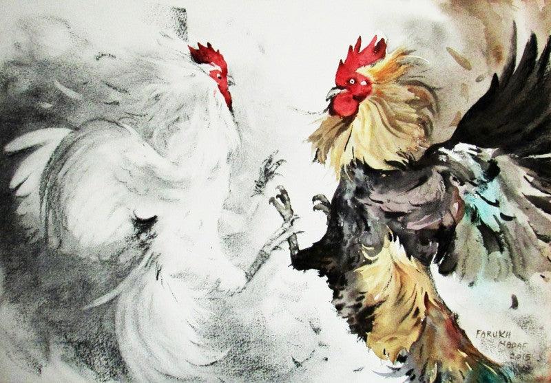 Animals mixed media painting titled 'Cock Fight', 14x20 inches, by artist Farukh Nadaf on Paper