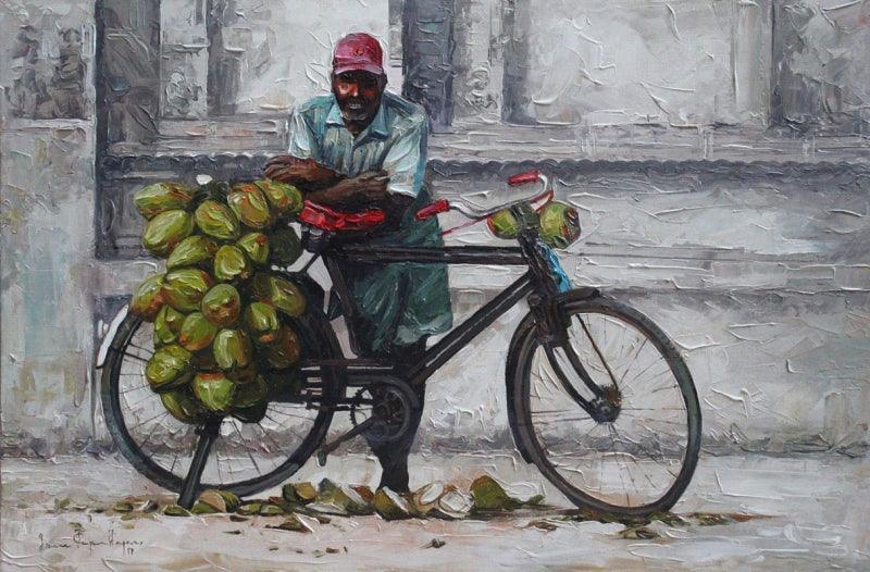 Figurative acrylic painting titled 'Coconut Seller', 20x30 inches, by artist Iruvan Karunakaran on Canvas