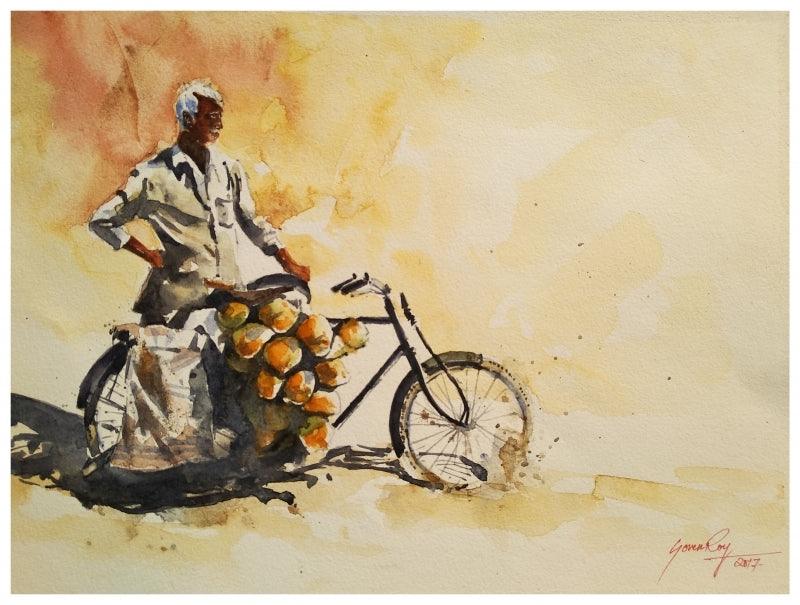 Cityscape watercolor painting titled 'Coconut Seller', 14x10 inches, by artist Soven Roy on Handmade Paper