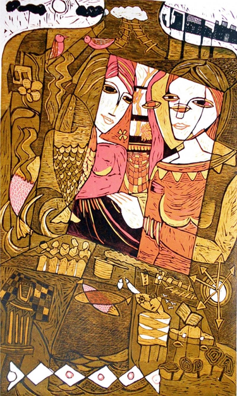 Figurative printmaking titled 'Communication 1', 35x23 inches, by artist Priya Bambal on Paper