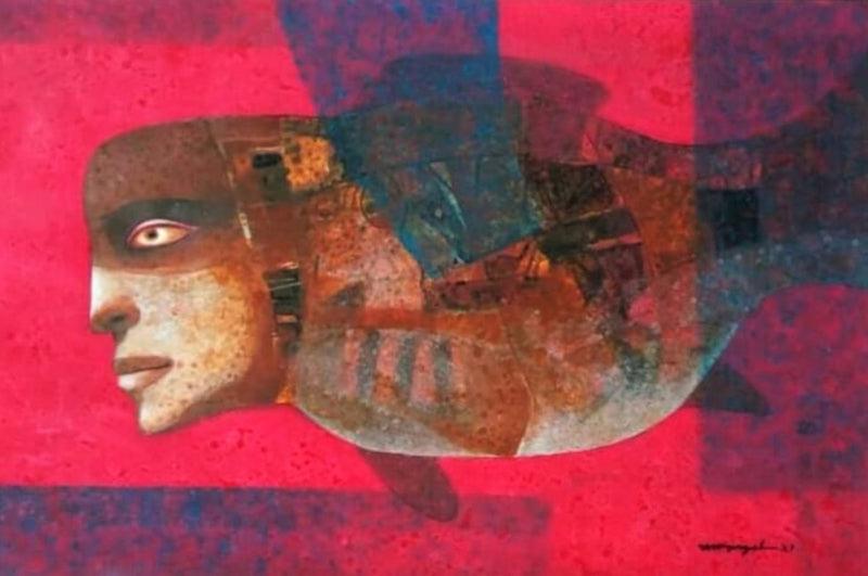 Figurative acrylic painting titled 'Composition 1', 22x30 inches, by artist Mihir Kayal on Paper