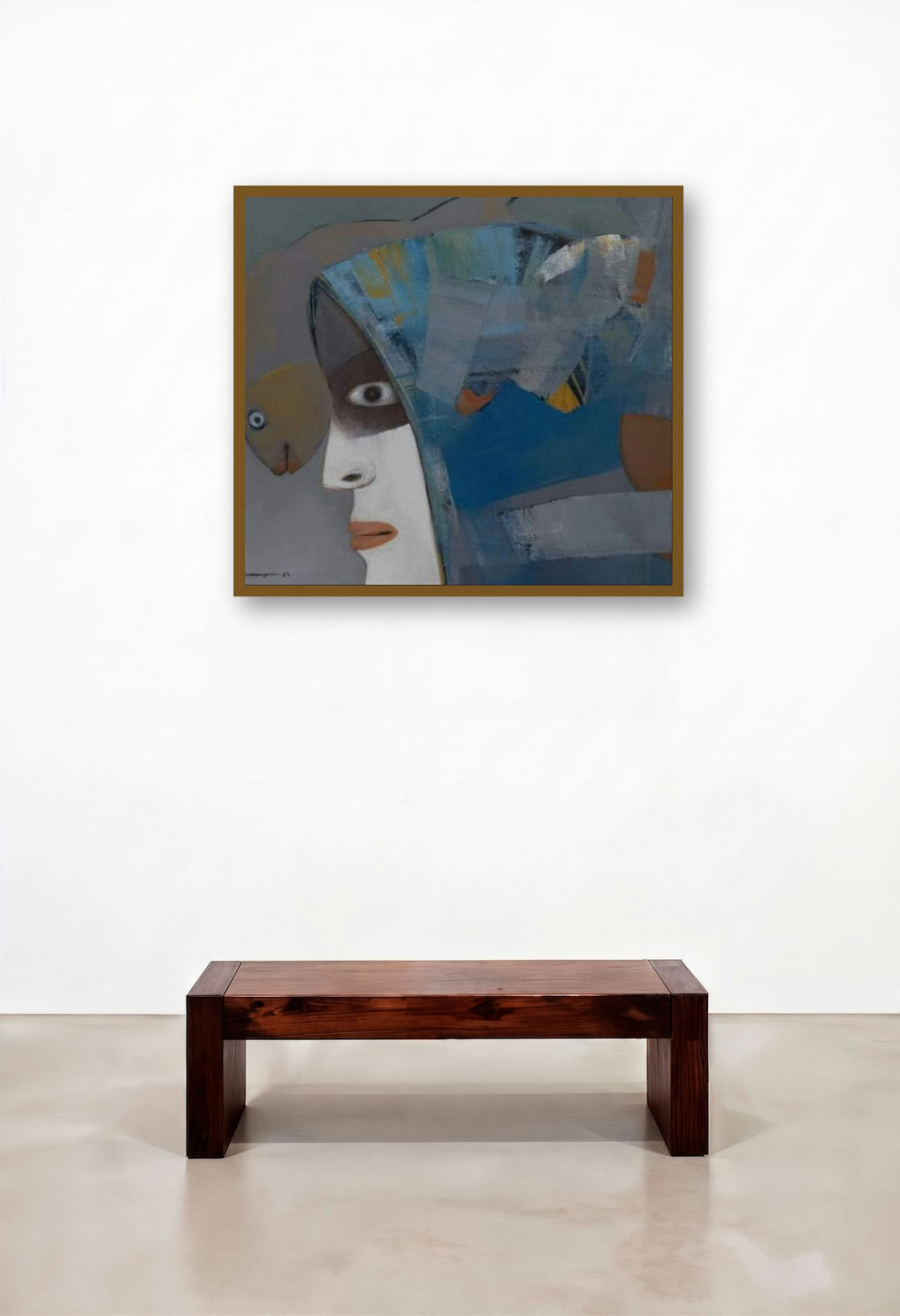 Composition 11 (Woman and Fish) by artist Mihir Kayal displayed in a Traditional Living Room