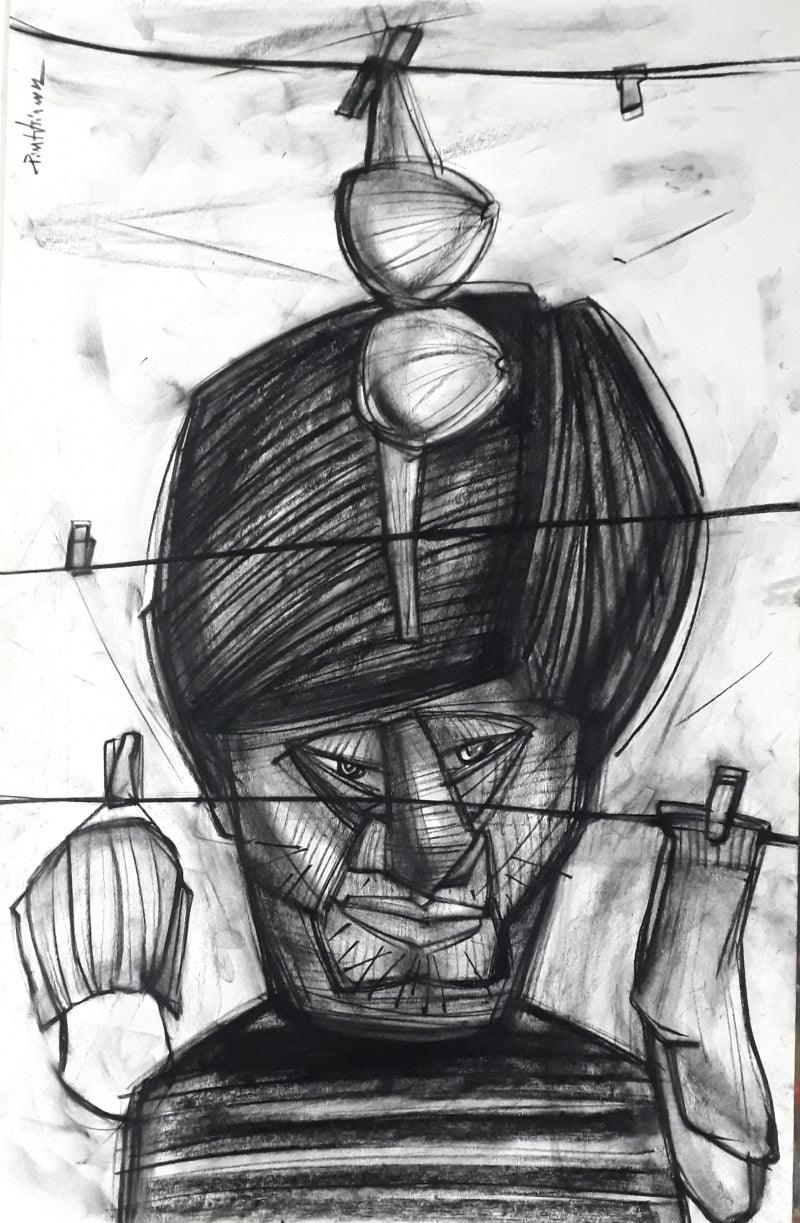 Figurative charcoal drawing titled 'Composition', 27x17 inches, by artist Pintu Biswas on 300 Gsm Paper