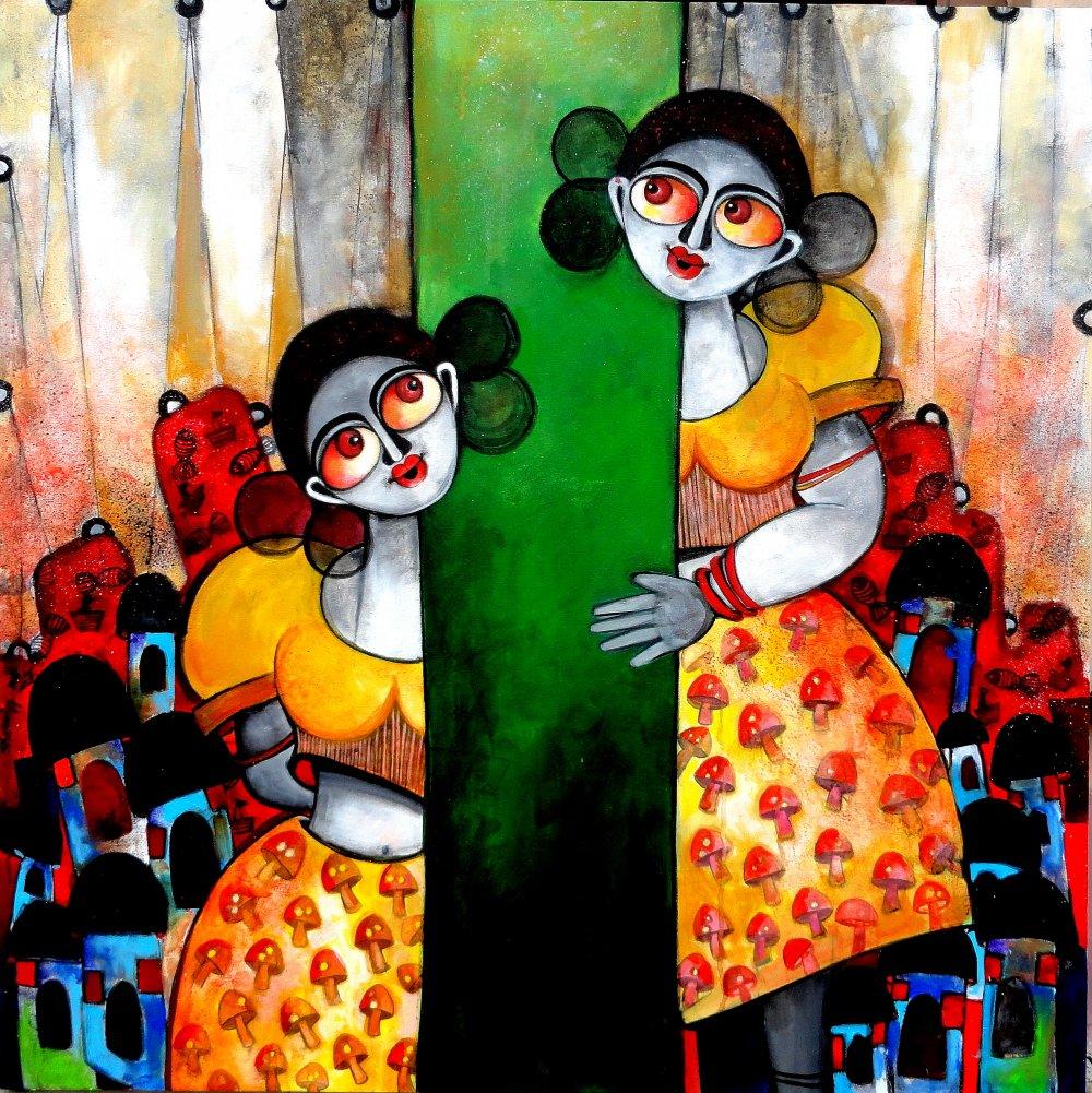 Figurative acrylic painting titled 'Connection', 42x42 inches, by artist Sharmi Dey on Canvas