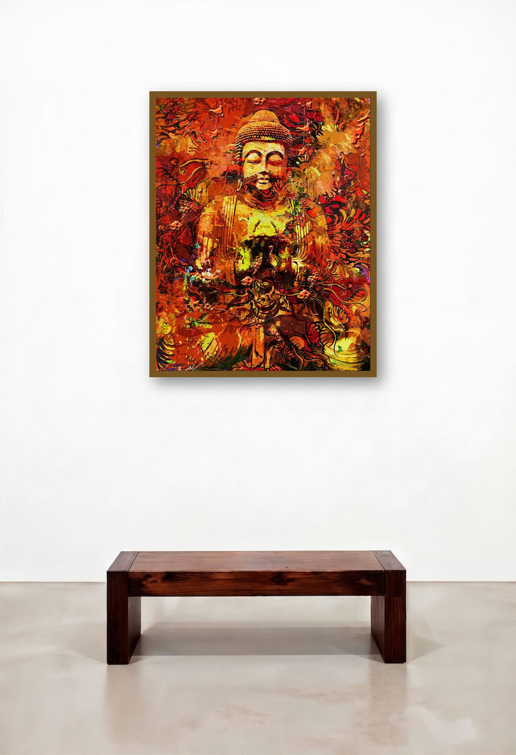 Contemplation (Buddha in Crimson Aura) (Autumn Buddha) by artist Anil Kumar displayed in a Mid-Century Modern Penthouse