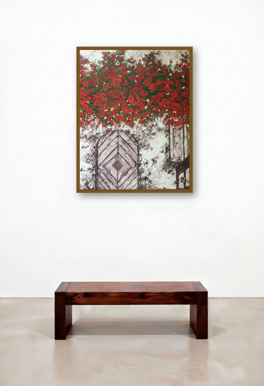 Contentment (Crimson Canopy) by artist Shilpi Singh Patel displayed in a Rustic Home Office