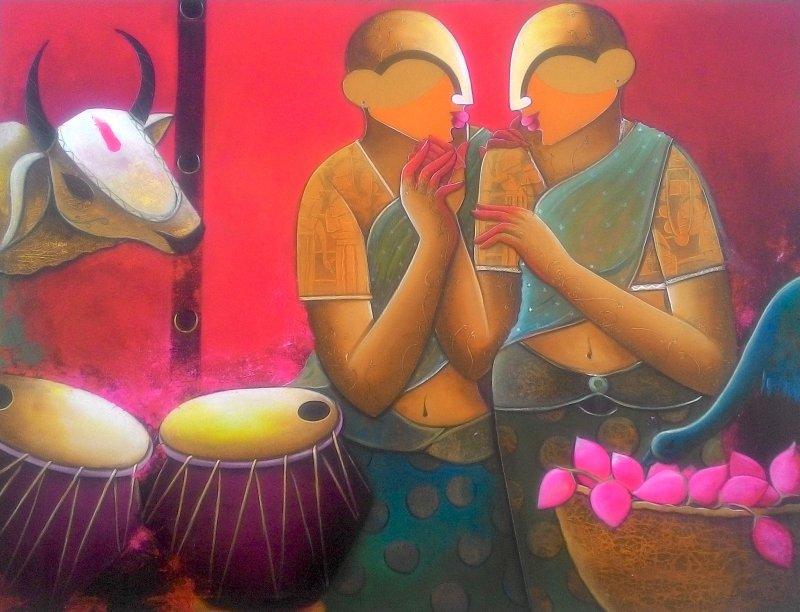Figurative acrylic painting titled 'Conversation', 36x47 inches, by artist Anupam Pal on canvas
