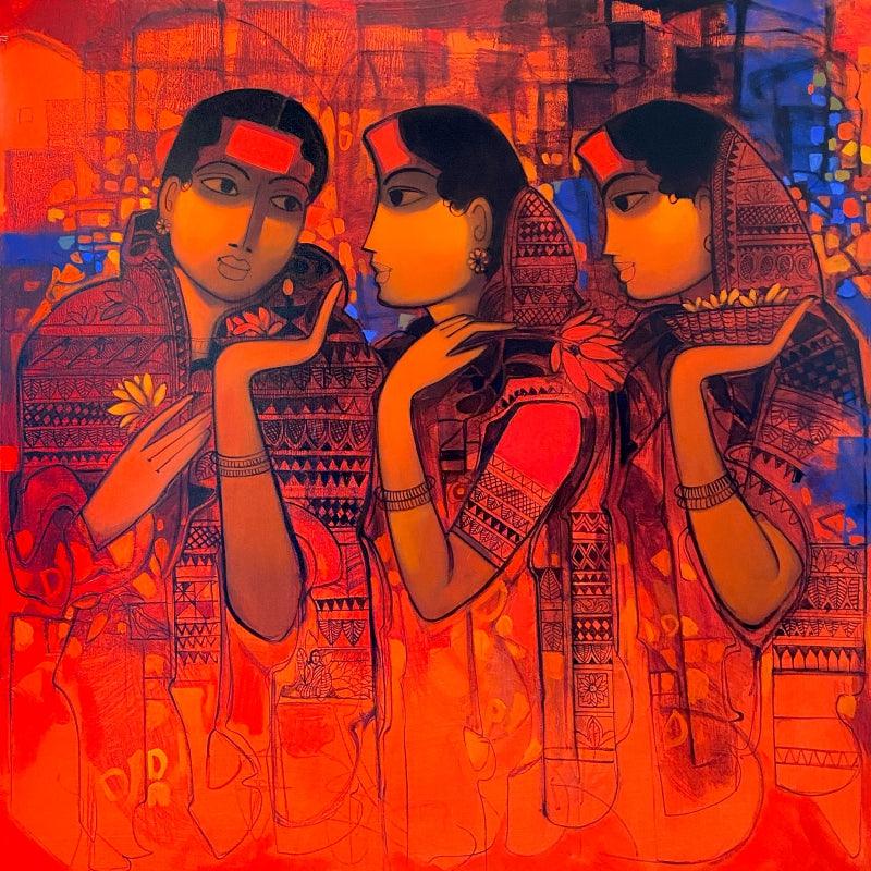 Figurative acrylic painting titled 'Conversation', 48x48 inches, by artist Sachin Sagare on Canvas