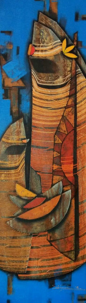 Figurative acrylic painting titled 'Couple 1', 40x12 inches, by artist Rahul Dangat on Canvas