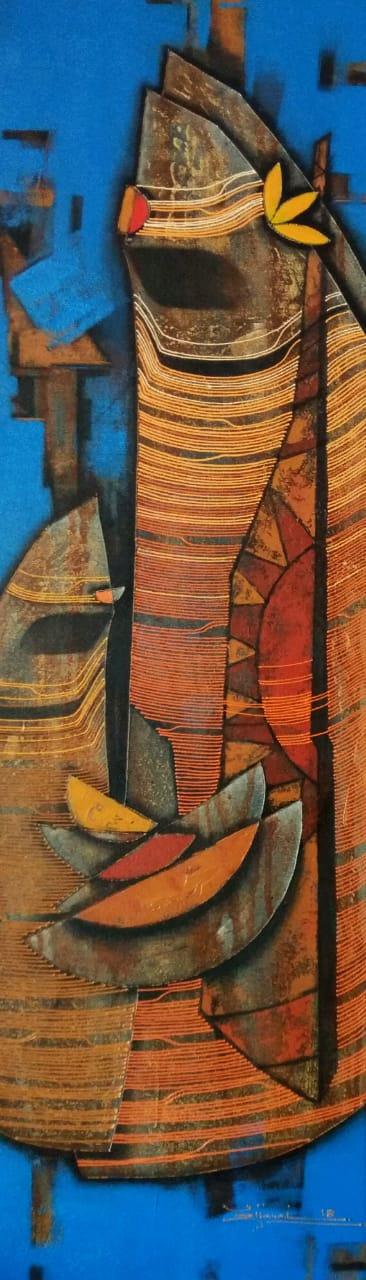 Figurative acrylic painting titled 'Couple 1', 40x12 inches, by artist Rahul Dangat on Canvas