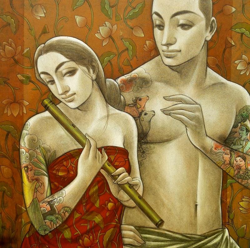 Figurative mixed media painting titled 'Couple 1', 36x36 inches, by artist Sukanta Das on Canvas