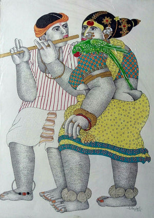Figurative acrylic painting titled 'Couple 1', 30x22 inches, by artist Bhawandla Narahari on Paper