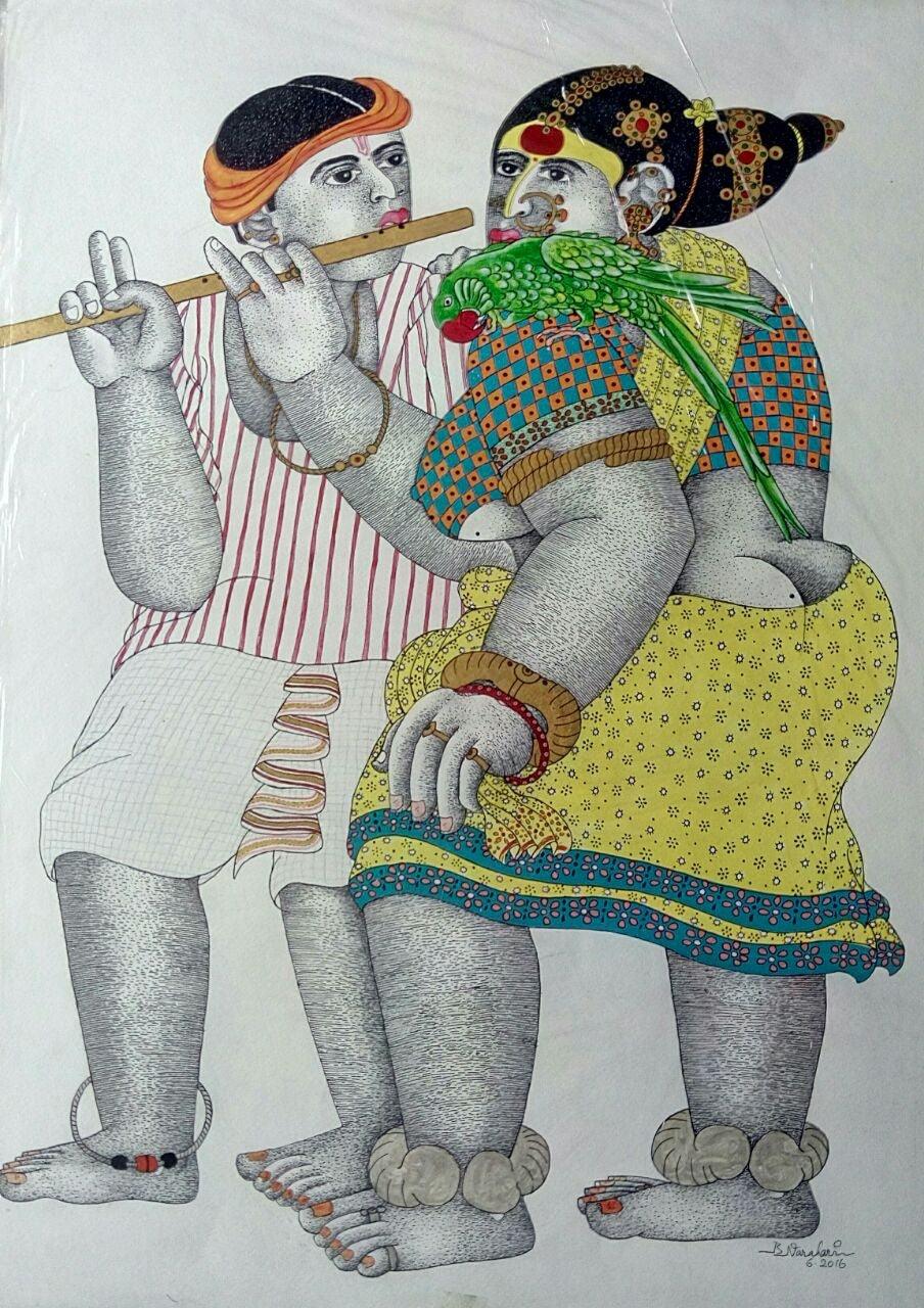 Figurative acrylic painting titled 'Couple 1', 30x22 inches, by artist Bhawandla Narahari on Paper