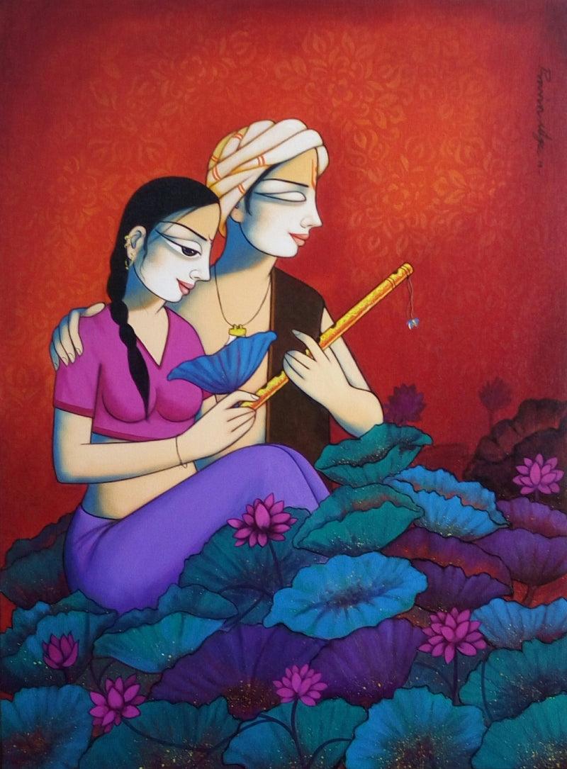 Figurative acrylic painting titled 'Couple 1', 40x30 inches, by artist Pravin Utge on Canvas