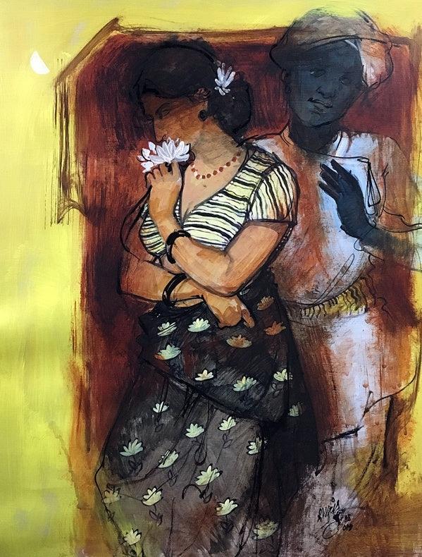 Figurative acrylic painting titled 'Couple 1', 20x16 inches, by artist Ramchandra Kharatmal on Paper