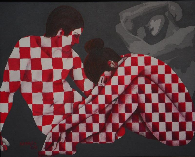 Figurative acrylic painting titled 'Couple 2', 24x30 inches, by artist Sonaly Gandhi on Canvas