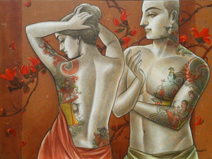 Figurative mixed media painting titled 'Couple 2', 36x48 inches, by artist Sukanta Das on Canvas
