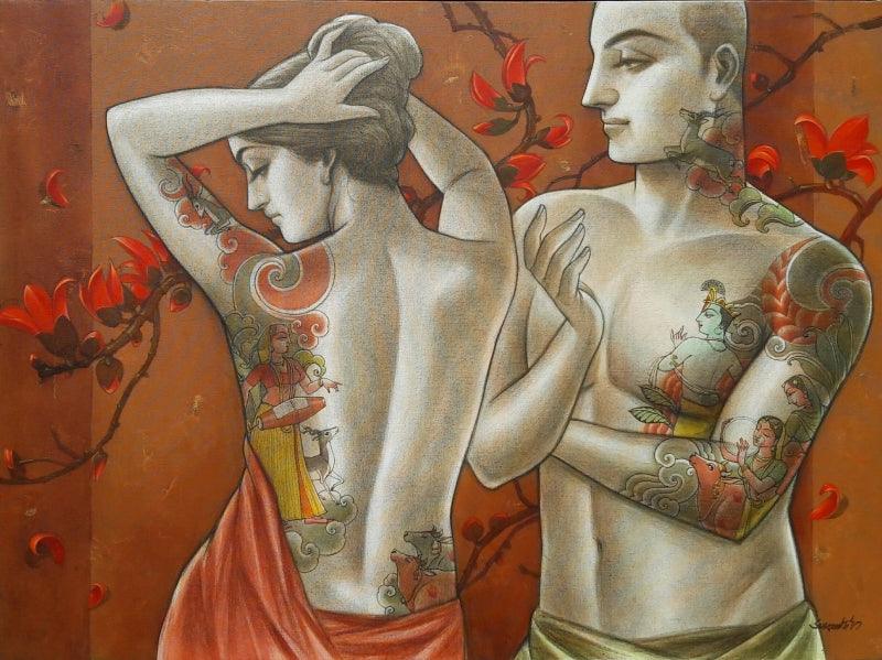 Figurative mixed media painting titled 'Couple 2', 36x48 inches, by artist Sukanta Das on Canvas