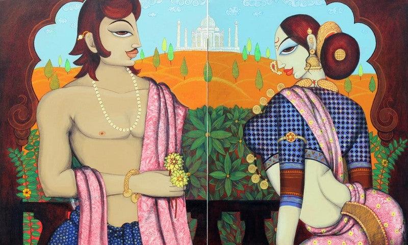 Figurative acrylic painting titled 'Couple 2', 40x60 inches, by artist Varsha Kharatamal on Canvas