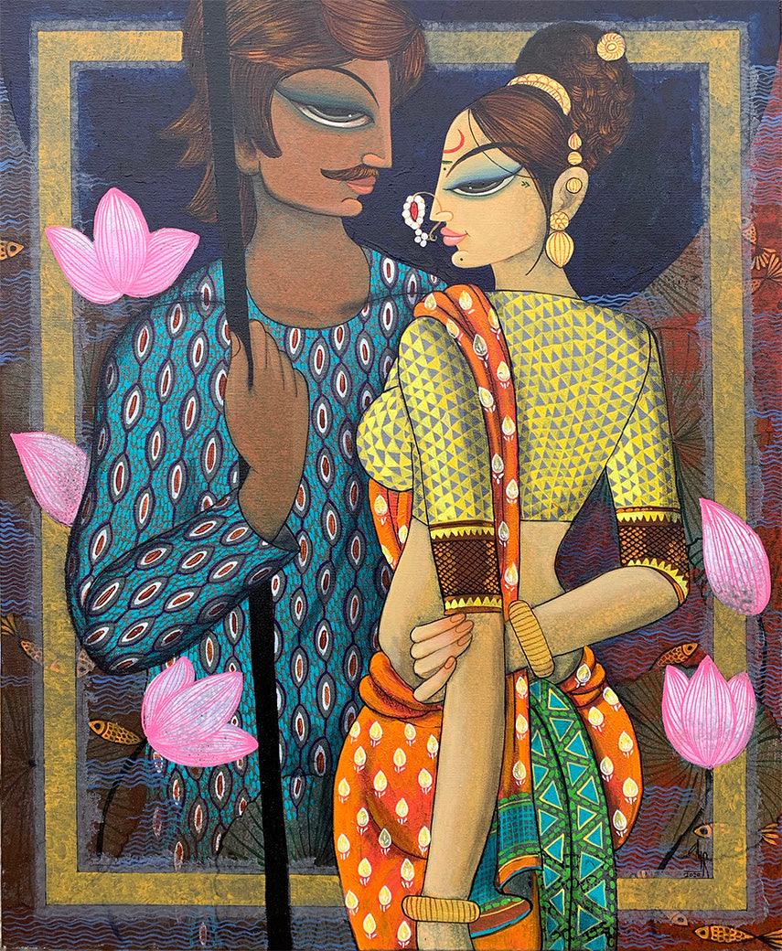 Figurative acrylic painting titled 'Couple', 24x30 inches, by artist Varsha Kharatamal on Canvas