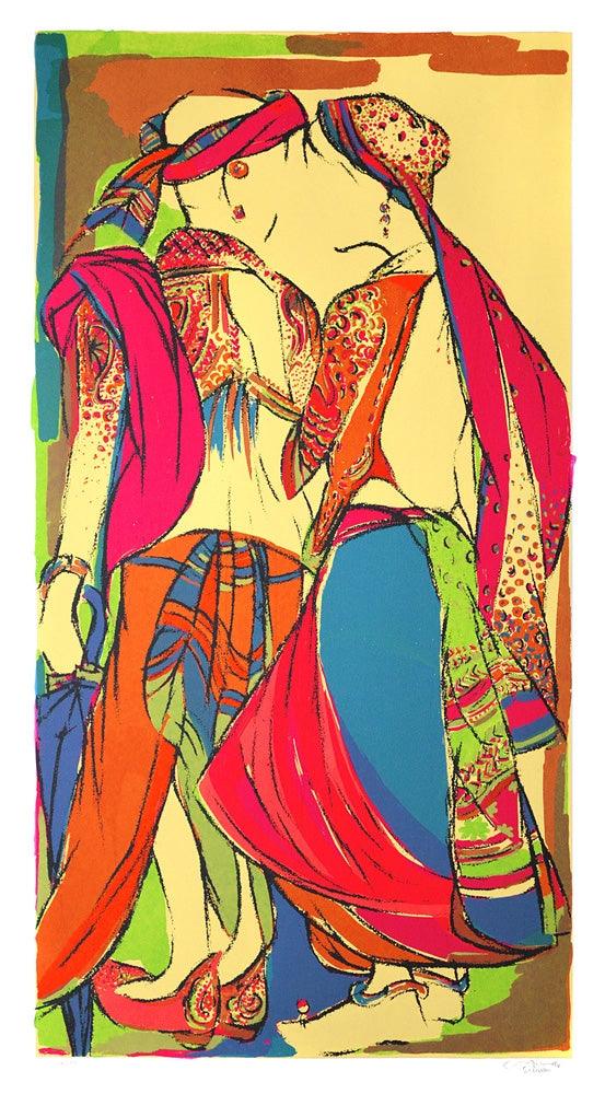 Figurative serigraphs painting titled 'Couple', 54x30 inches, by artist Vrindavan Solanki on Paper