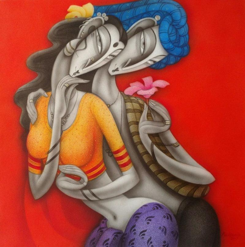 Figurative acrylic painting titled 'Couple', 30x30 inches, by artist Ramesh Pachpande on Canvas
