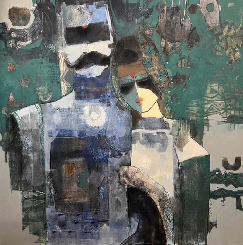 Figurative mixed media painting titled 'Couple', 36x36 inches, by artist Sachin Jaltare on Canvas
