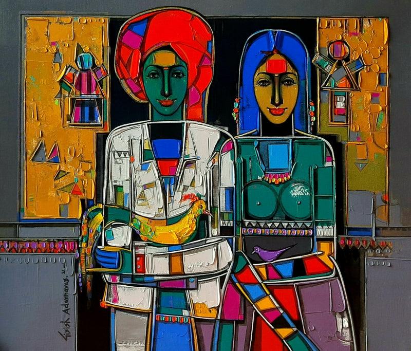 Figurative acrylic painting titled 'Couple', 36x42 inches, by artist Girish Adannavar on Canvas