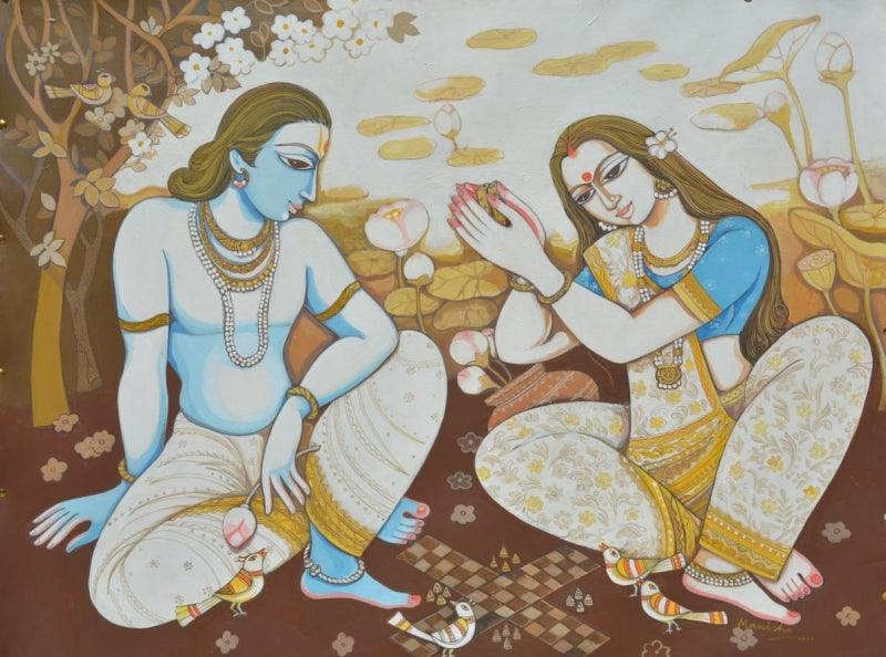 Figurative acrylic painting titled 'Couple', 28x40 inches, by artist Manisha Srivastava on Canvas Board