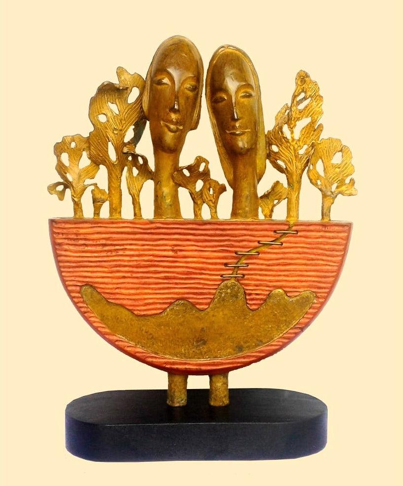 Figurative sculpture titled 'Couple', 18x12x4 inches, by artist Subrata Paul on Bronze, Wood