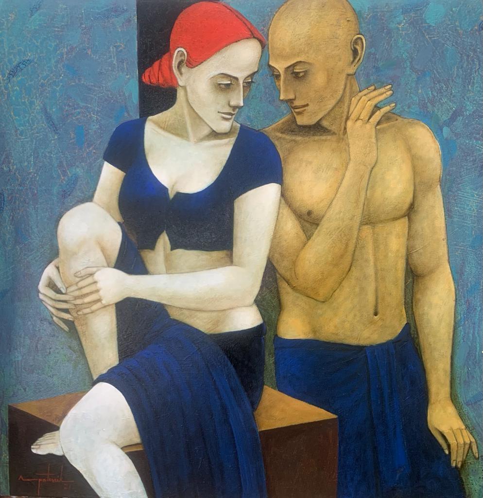 Figurative acrylic oil painting titled 'Couple', 42x42 inches, by artist Asit Kumar Patnaik on Canvas
