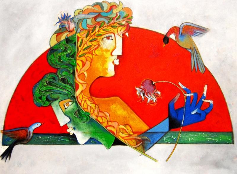 Figurative acrylic painting titled 'Couple', 36x48 inches, by artist Rajesh Choudhari on Canvas