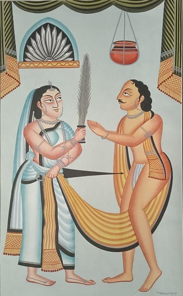 Figurative kalighat traditional art titled 'Couple', 20x14 inches, by artist Anwar Chitrakar on Paper