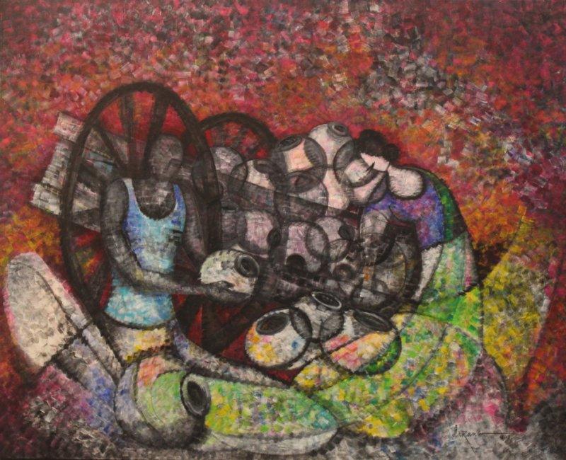 Figurative acrylic painting titled 'Couple', 48x58 inches, by artist Sarang Singla on Canvas