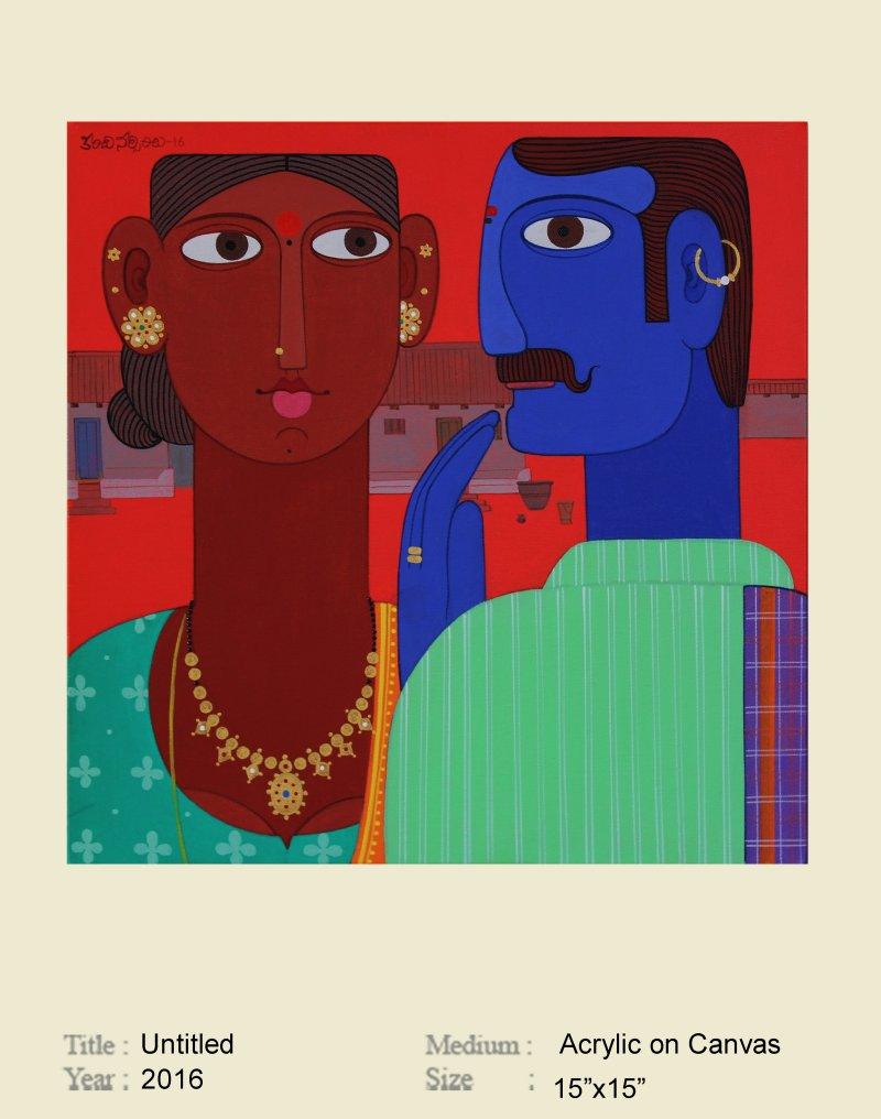 Figurative acrylic painting titled 'Couple', 15x15 inches, by artist Narsimlu Kandi on Canvas