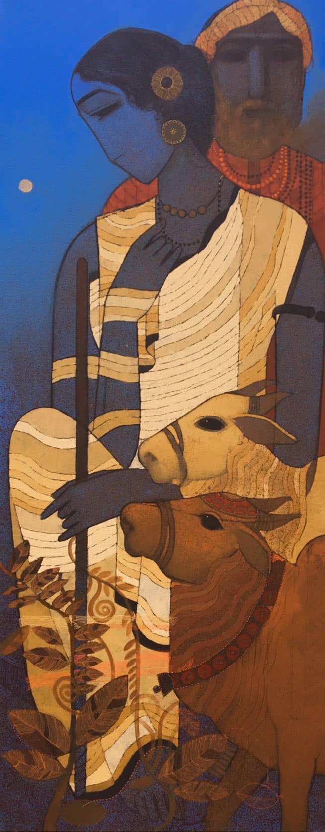 Figurative acrylic painting titled 'Couple', 24x60 inches, by artist Siddharth Shingade on Canvas