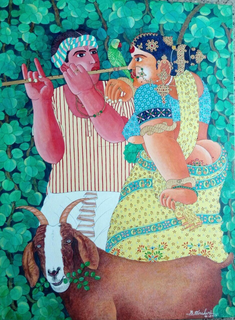 Figurative acrylic painting titled 'Couple and Goat 1', 30x24 inches, by artist Bhawandla Narahari on Canvas