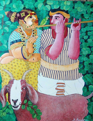 Figurative acrylic painting titled 'Couple and Goat 2', 30x24 inches, by artist Bhawandla Narahari on Canvas