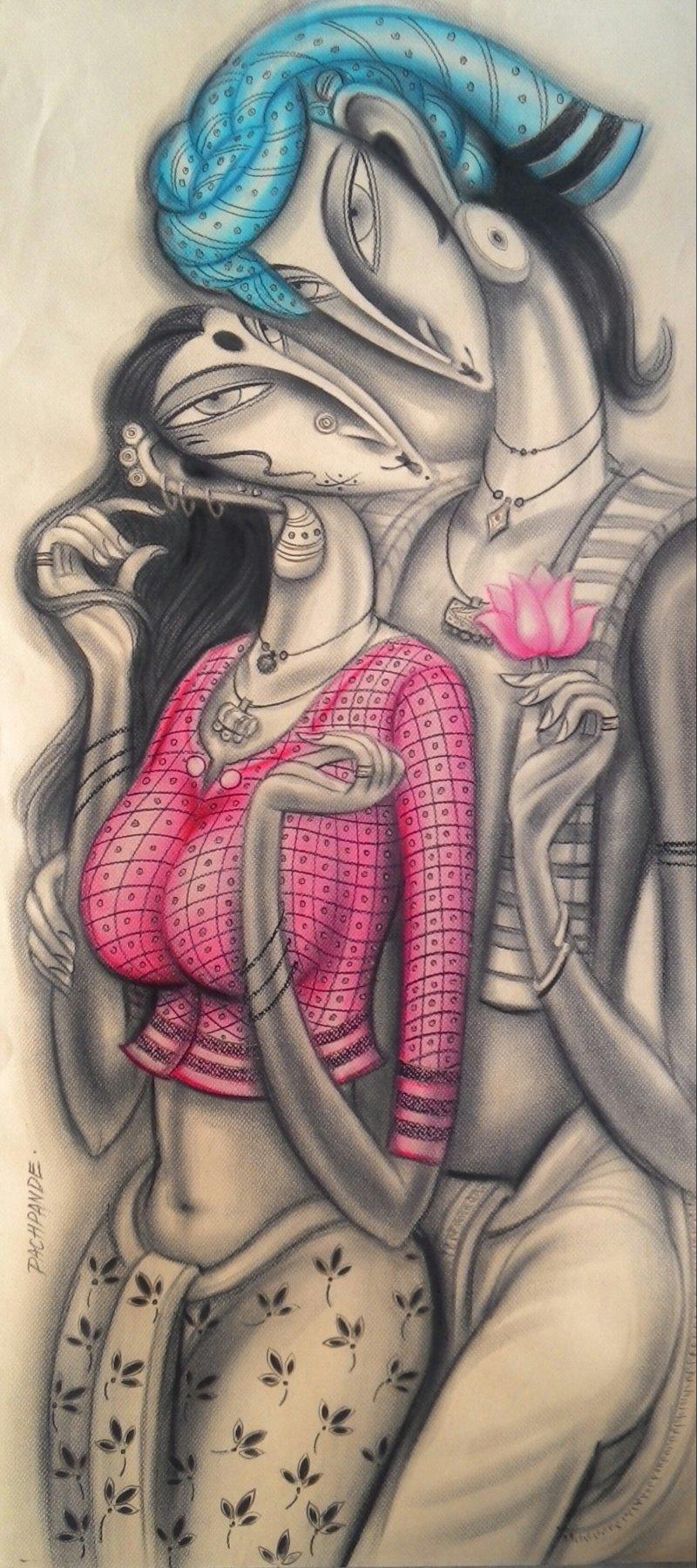 Figurative mixed media painting titled 'Couple in Love', 42x18 inches, by artist Ramesh Pachpande on Paper