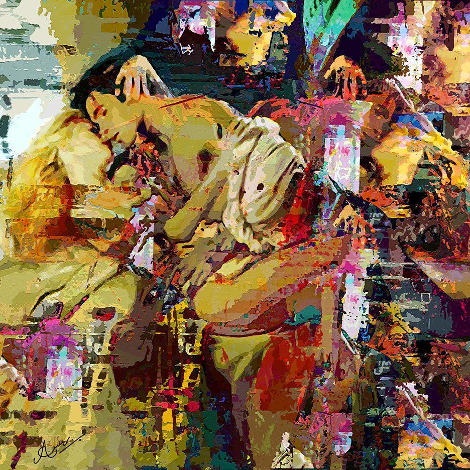 Figurative mixed media painting titled 'Courtship', 44x44 inches, by artist Anil Kumar on Canvas